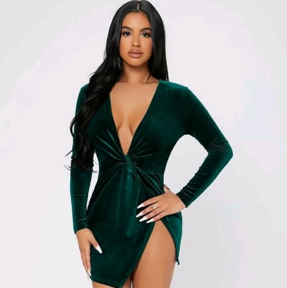 Petite Dark GreenTwist Front Wrap Velvet Dress - Picture 1 of 5